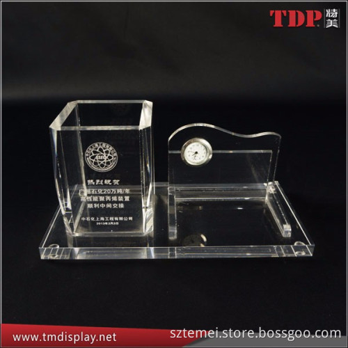 promotional gift desktop clear acrylic pen holder with clock